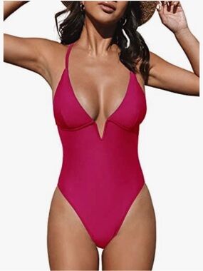 CUPSHE Plunge V-Neck One-Piece Swimsuit - Red Small NWT